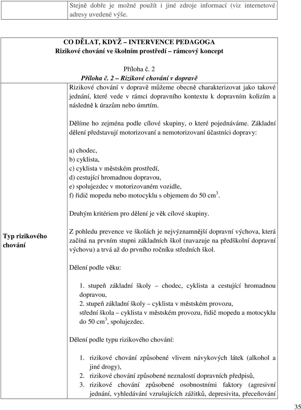 2 Rizikové chování v dopravě Rizikové chování v dopravě můžeme obecně charakterizovat jako takové jednání, které vede v rámci dopravního kontextu k dopravním kolizím a následně k úrazům nebo úmrtím.