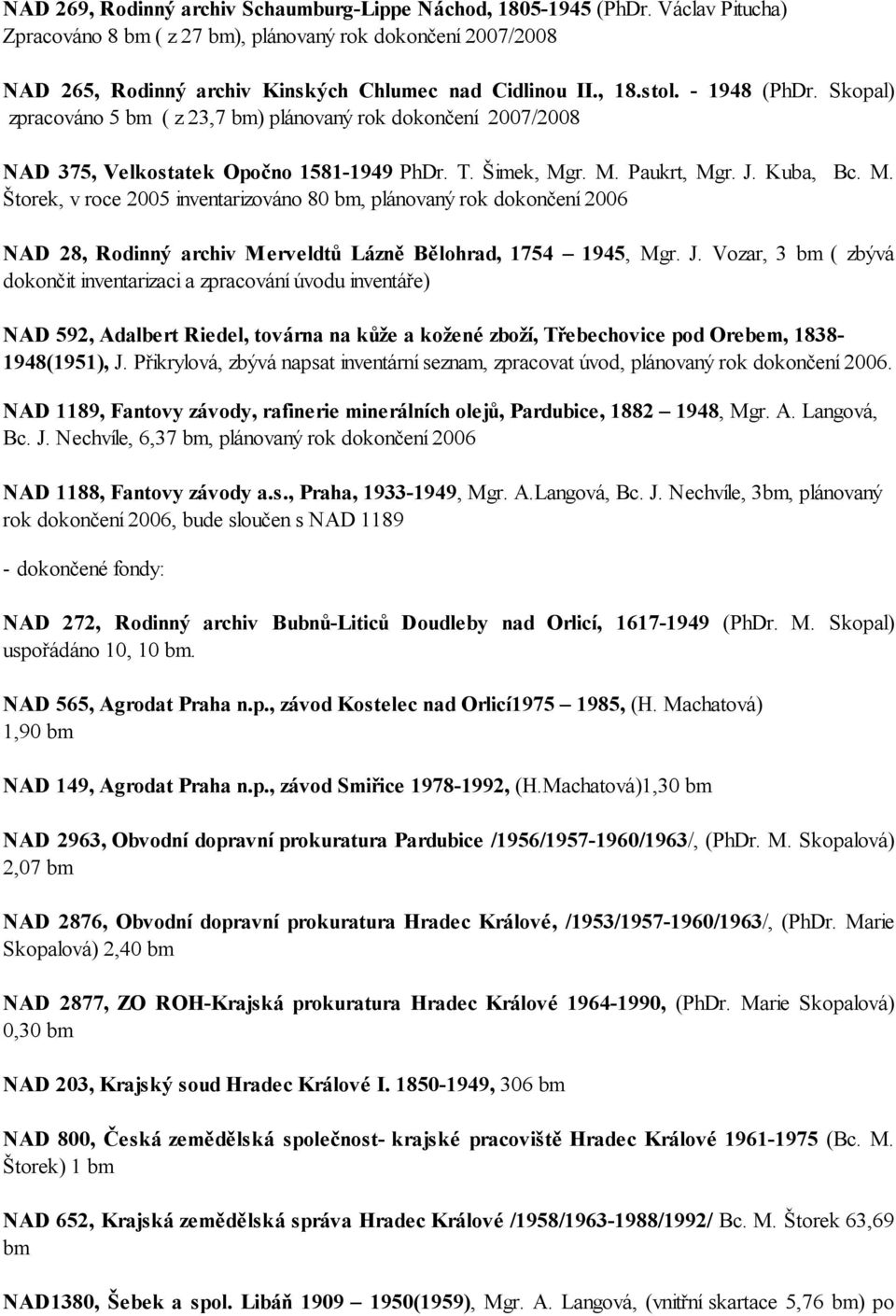 Skopal) zpracováno 5 bm ( z 23,7 bm) plánovaný rok dokončení 2007/2008 NAD 375, Velkostatek Opočno 1581-1949 PhDr. T. Šimek, Mg