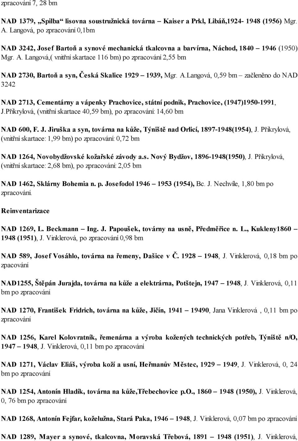 Langová,( vnitřní skartace 116 bm) po zpracování 2,55 bm NAD 2730, Bartoň a syn, Česká Skalice 1929 1939, Mgr. A.