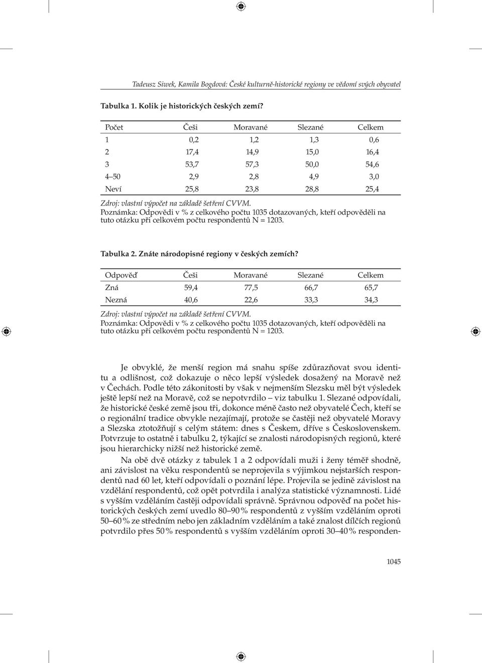 Poznámka: Odpovědi v % z celkového počtu 1035 dotazovaných, kteří odpověděli na tuto otázku při celkovém počtu respondentů N = 1203. Tabulka 2. Znáte národopisné regiony v českých zemích?