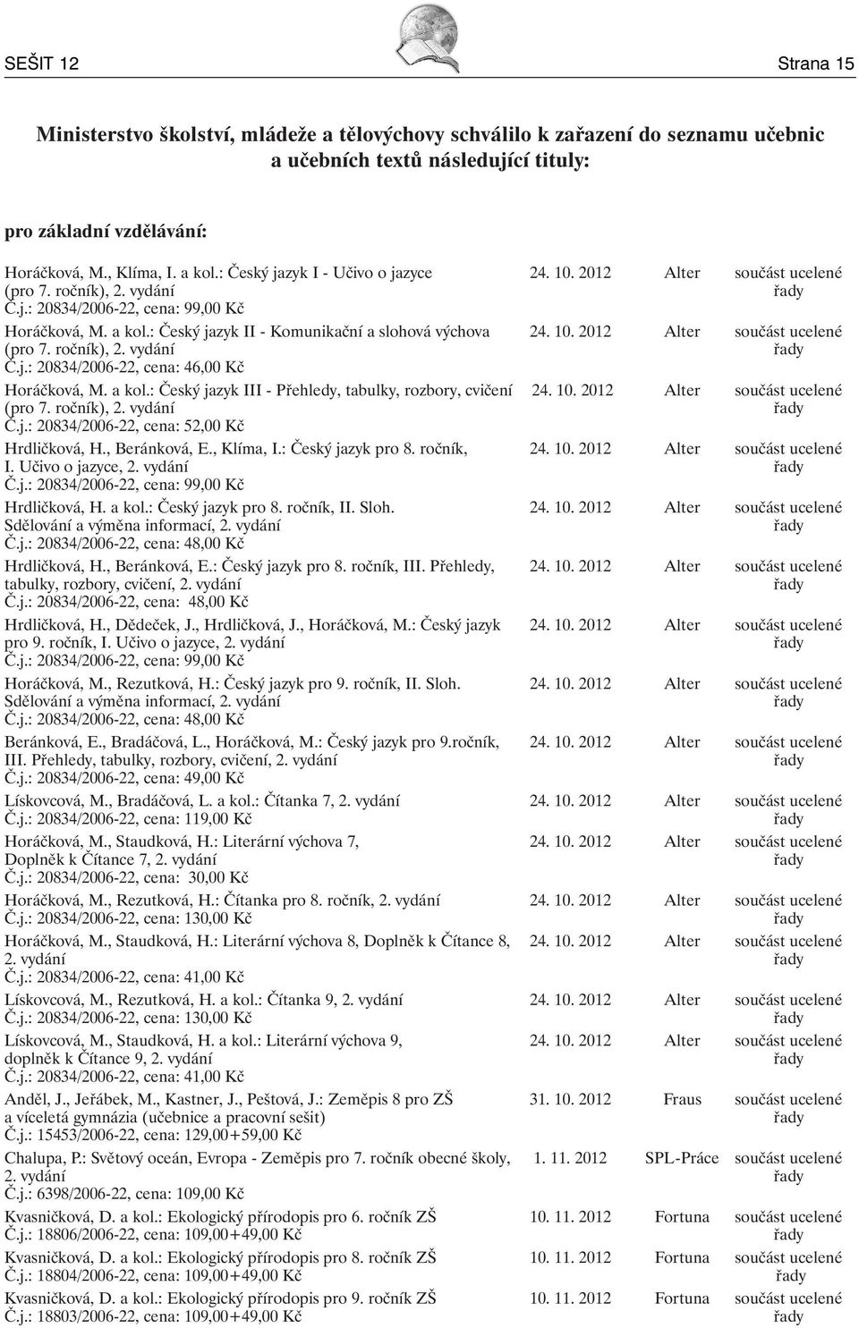 . 20 Alter součást ucelené (pro 7. ročník), 2. vydání Č.j.: 208/200-22, cena:,00 Kč Horáčková, M. a kol.: Český jazyk III - Přehledy, tabulky, rozbory, cvičení 2.. 20 Alter součást ucelené (pro 7. ročník), 2. vydání Č.j.: 208/200-22, cena: 52,00 Kč Hrdličková, H.