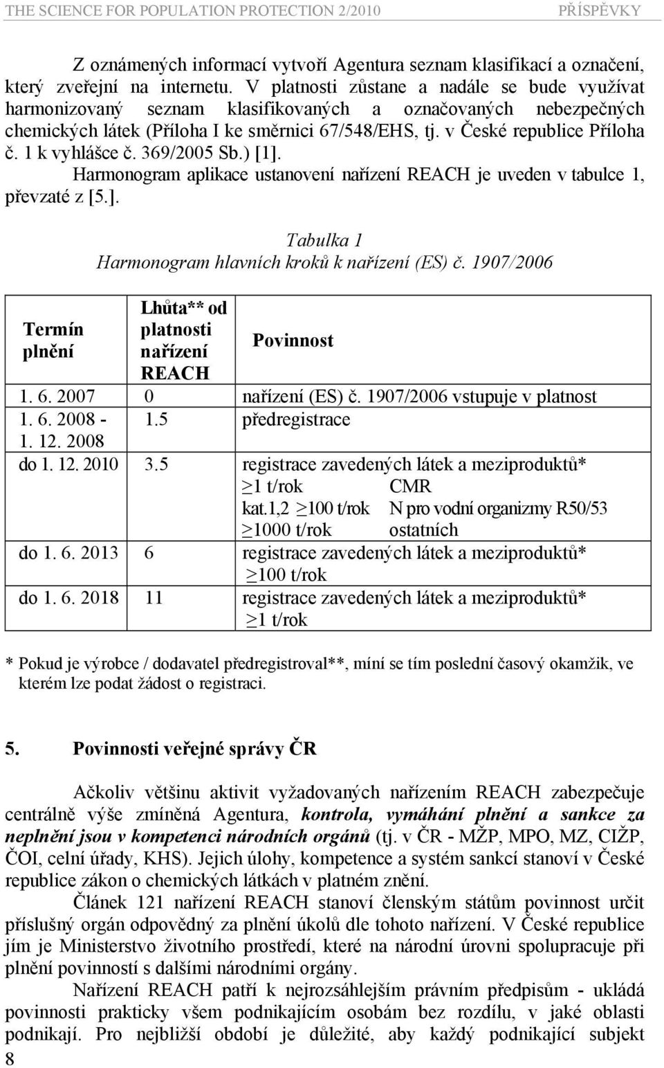 1 k vyhlášce č. 369/2005 Sb.) [1]. Harmonogram aplikace ustanovení nařízení REACH je uveden v tabulce 1, převzaté z [5.]. Termín plnění Tabulka 1 Harmonogram hlavních kroků k nařízení (ES) č.