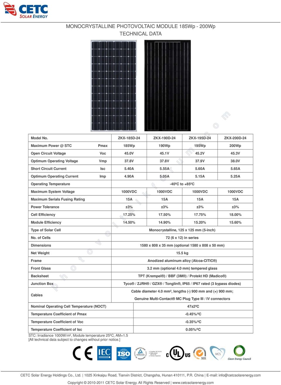 25A Operating Temperature -40ºC to +85ºC Maximum System Voltage 1000VDC 1000VDC 1000VDC 1000VDC Maximum Serials Fusing Rating 15A 15A 15A 15A Power Tolerance ±3% ±3% ±3% ±3% Cell Efficiency 17.25% 17.