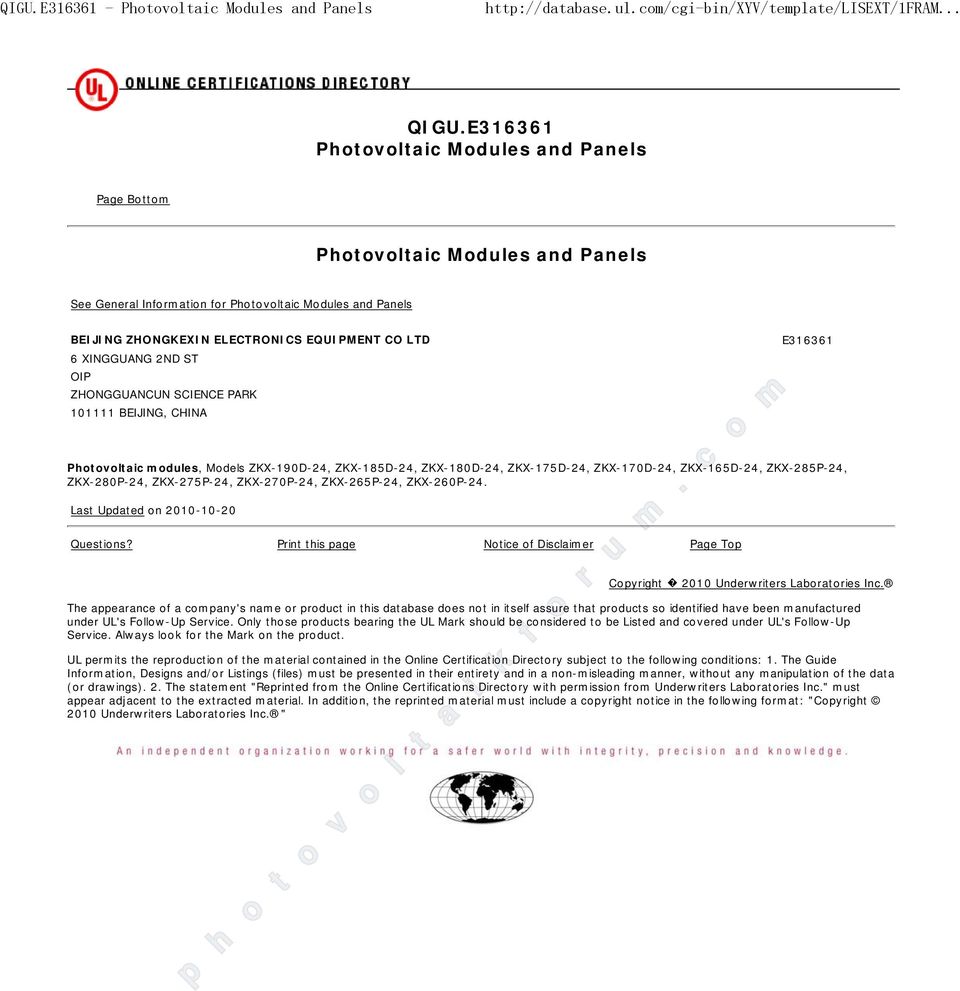 XINGGUANG 2ND ST OIP ZHONGGUANCUN SCIENCE PARK 101111 BEIJING, CHINA E316361 Photovoltaic modules, Models ZKX-190D-24, ZKX-185D-24, ZKX-180D-24, ZKX-175D-24, ZKX-170D-24, ZKX-165D-24, ZKX-285P-24,