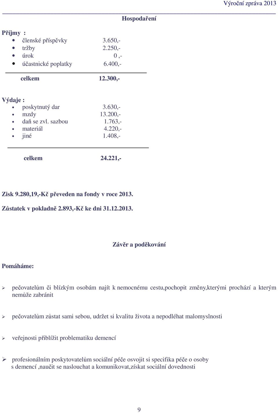 Zůstatek v pokladně 2.893,-Kč ke dni 31.12.2013.