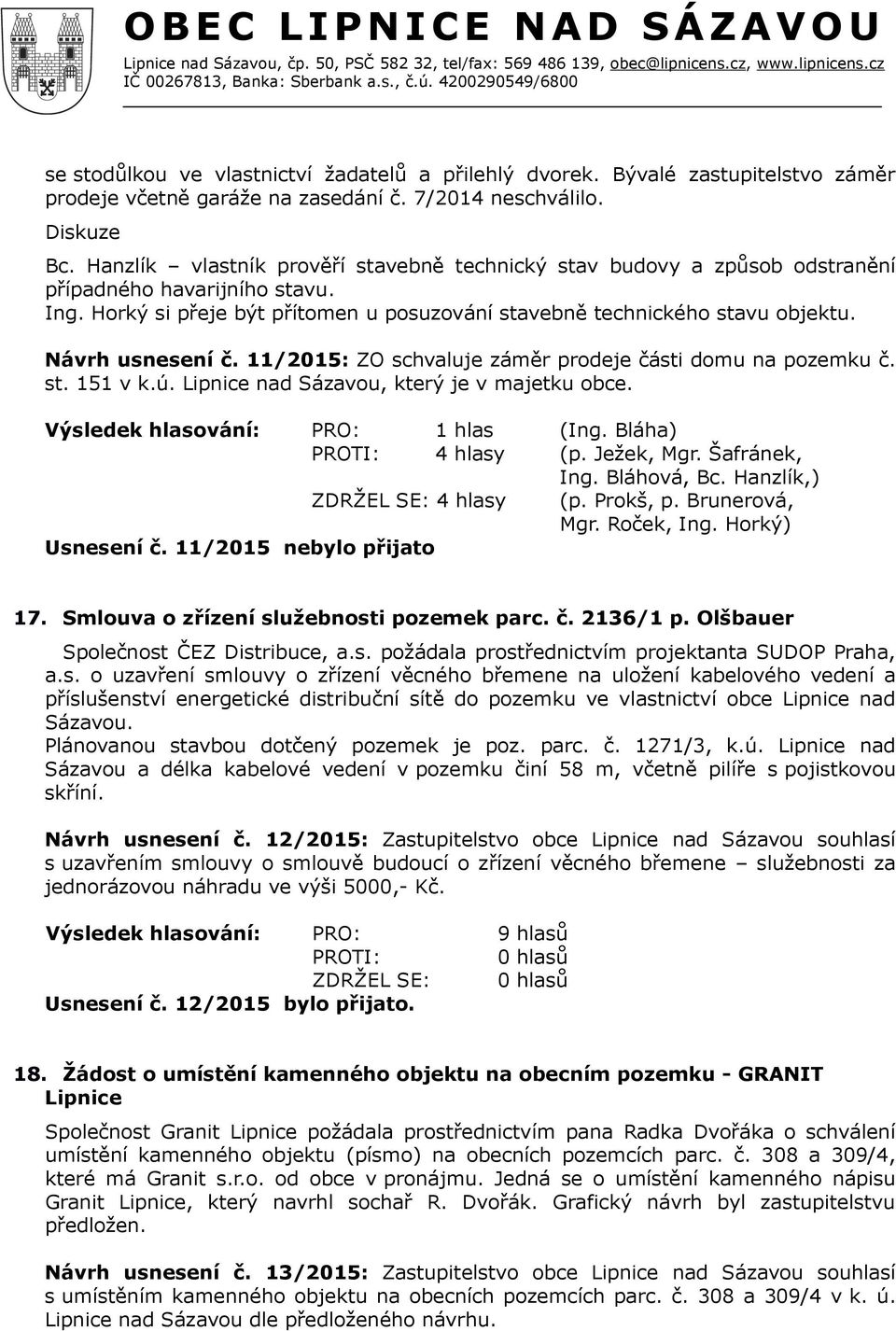 Návrh usnesení č. 11/2015: ZO schvaluje záměr prodeje části domu na pozemku č. st. 151 v k.ú. Lipnice nad Sázavou, který je v majetku obce. Výsledek hlasování: PRO: 1 hlas (Ing.