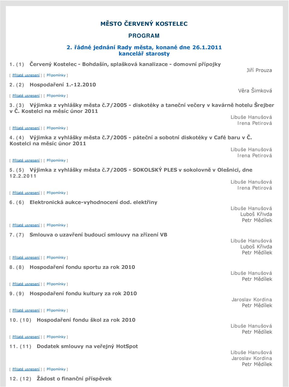 (4) Výjimka z vyhlášky města č.7/2005 - páteční a sobotní diskotéky v Café baru v Č. Kostelci na měsíc únor 2011 Irena Petirová 5. (5) Výjimka z vyhlášky města č.