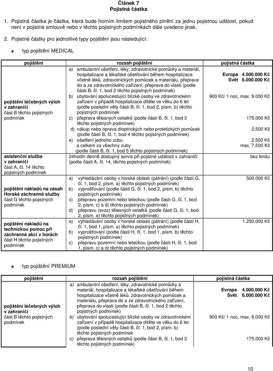 Pojistné částky pro jednotlivé typy pojištění jsou následující: typ pojištění MEDICAL pojištění rozsah pojištění pojistná částka a) ambulantní ošetření, léky, zdravotnické pomůcky a materiál,