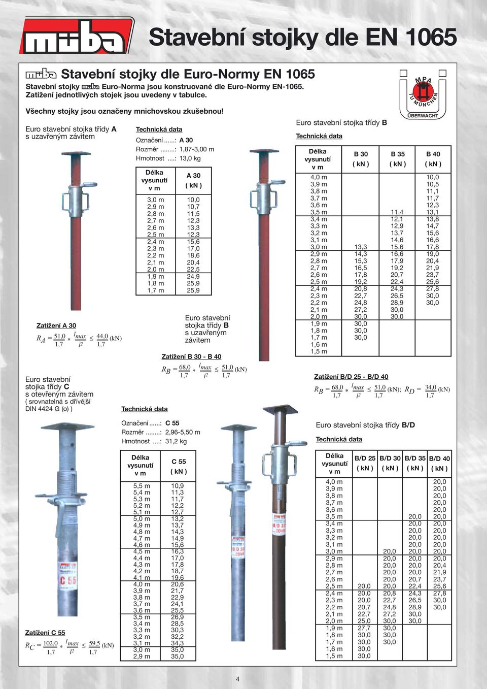 Euro stavební stojka třídy A s uzavřeným závitem Zatížení A 30 R A = 51,0 l max * 44,0 (kn) 1,7 l 2 1,7 Euro stavební stojka třídy C s otevřeným závitem ( srovnatelná s dřívější DIN 4424 G (o) )