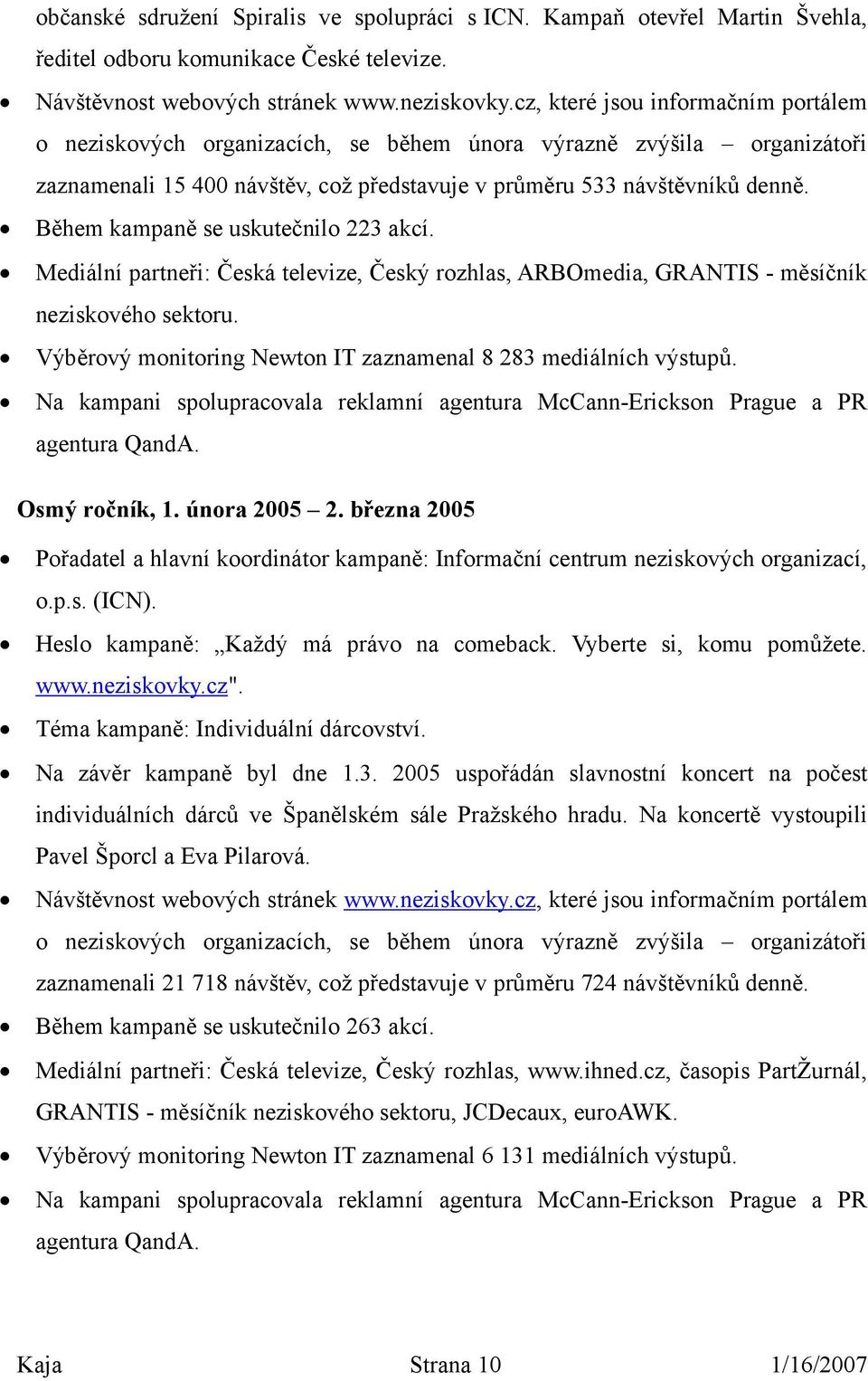 Během kampaně se uskutečnilo 223 akcí. Mediální partneři: Česká televize, Český rozhlas, ARBOmedia, GRANTIS - měsíčník neziskového sektoru.