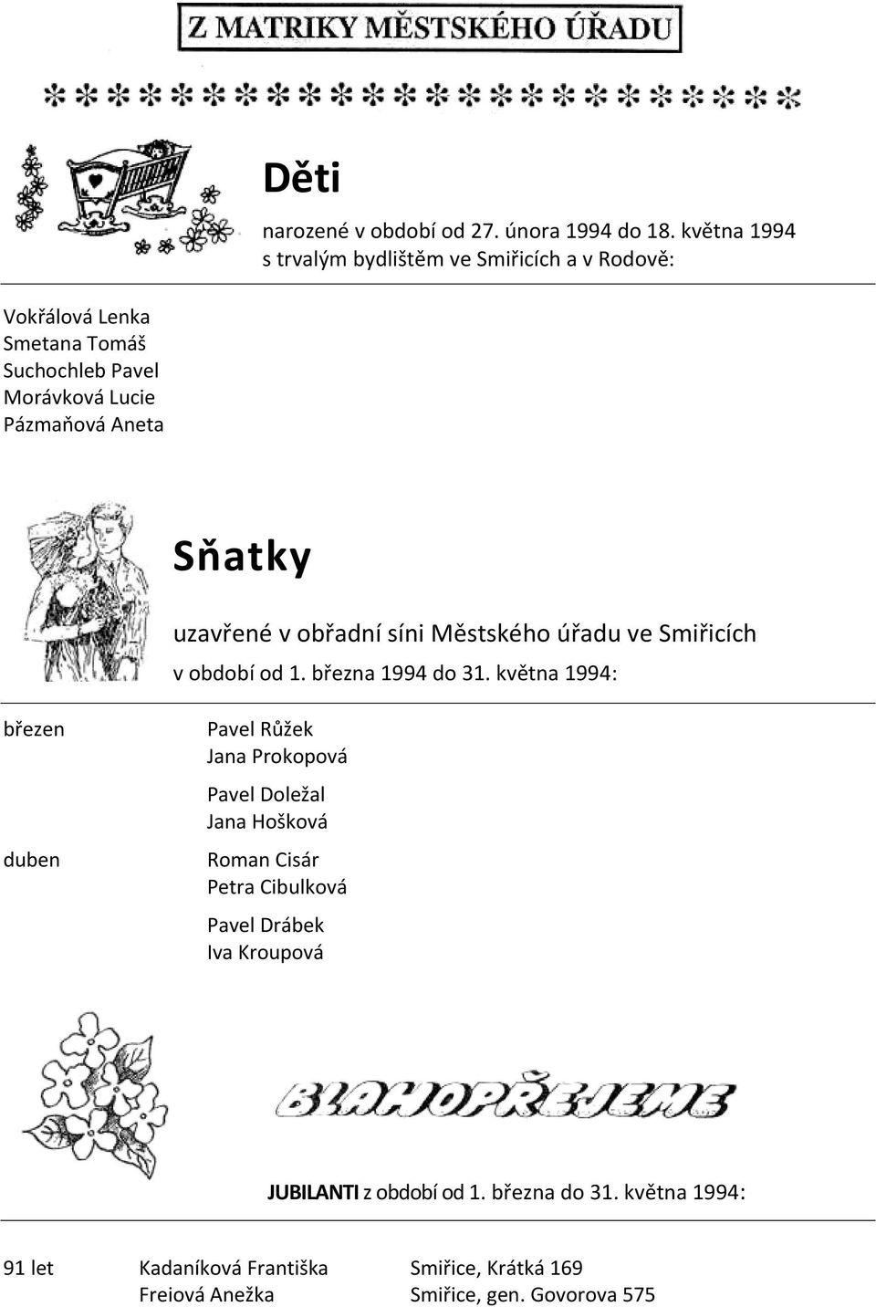 Sňatky uzavřené v obřadní síni Městského úřadu ve Smiřicích v období od 1. března 1994 do 31.