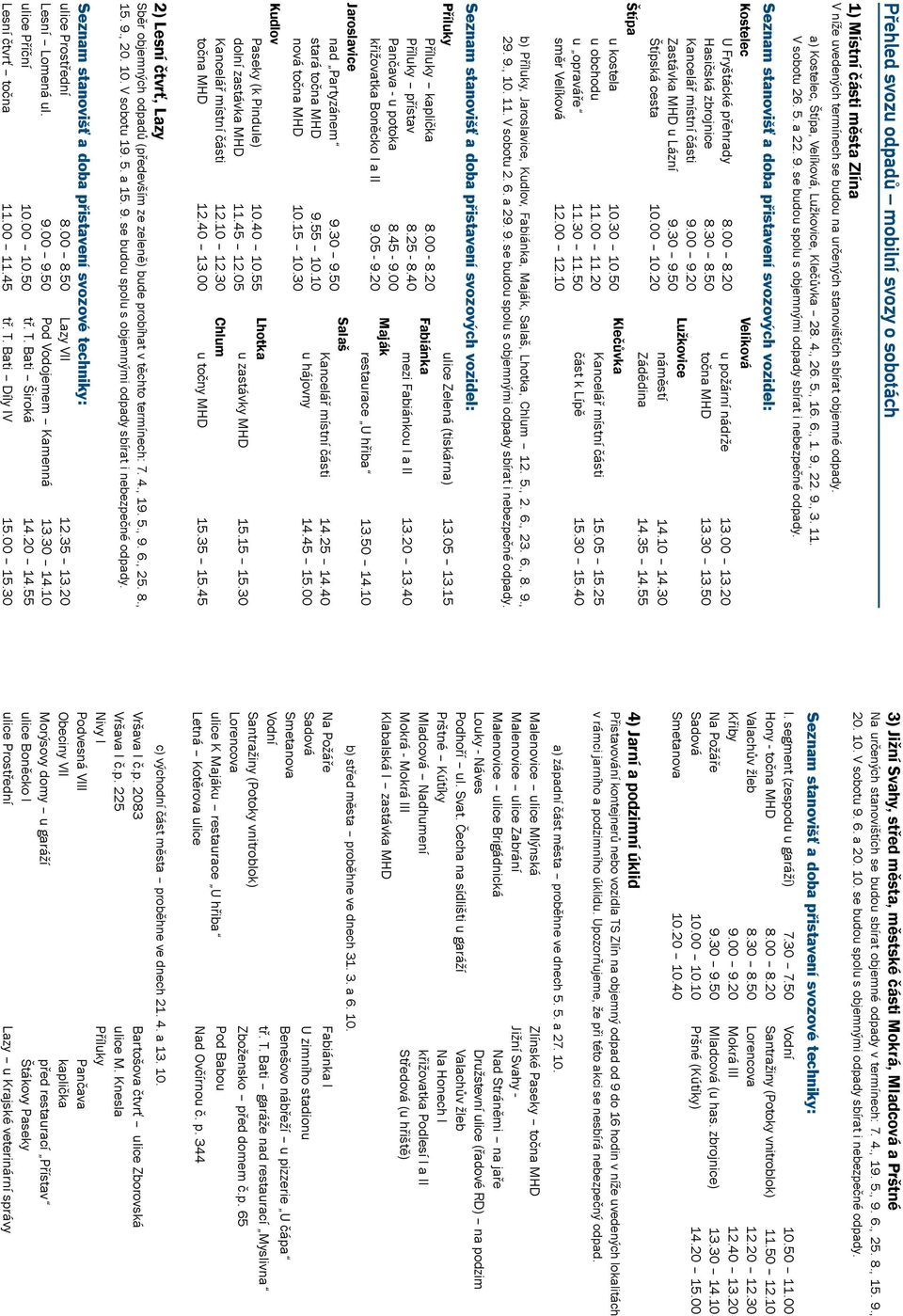 Seznam stanovišť a doba přistavení svozových vozidel: Kostelec U Fryštácké přehrady 8.00 8.20 Hasičská zbrojnice 8.30 8.50 Kancelář místní části 9.00 9.20 Zastávka MHD u Lázní 9.30 9.