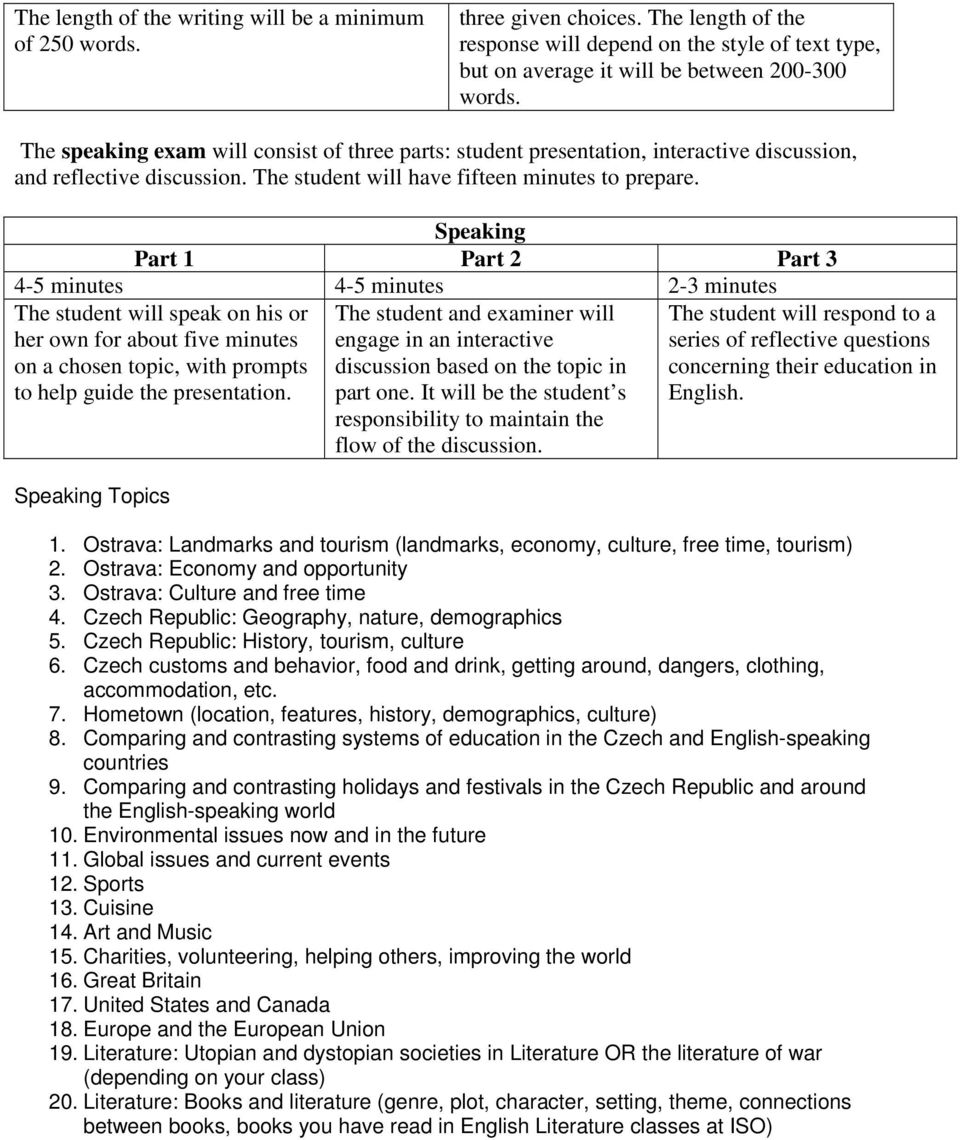 Speaking Part 1 Part 2 Part 3 4-5 minutes 4-5 minutes 2-3 minutes The student will speak on his or her own for about five minutes on a chosen topic, with prompts to help guide the presentation.