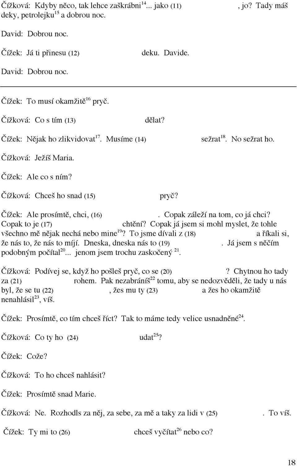 Čížek: Ale prosímtě, chci, (16) nechci. Copak záleží na tom, co já chci? Copak to je (17) otázka chtění? Copak já jsem si mohl myslet, že tohle všechno mě nějak nechá nebo mine 19?