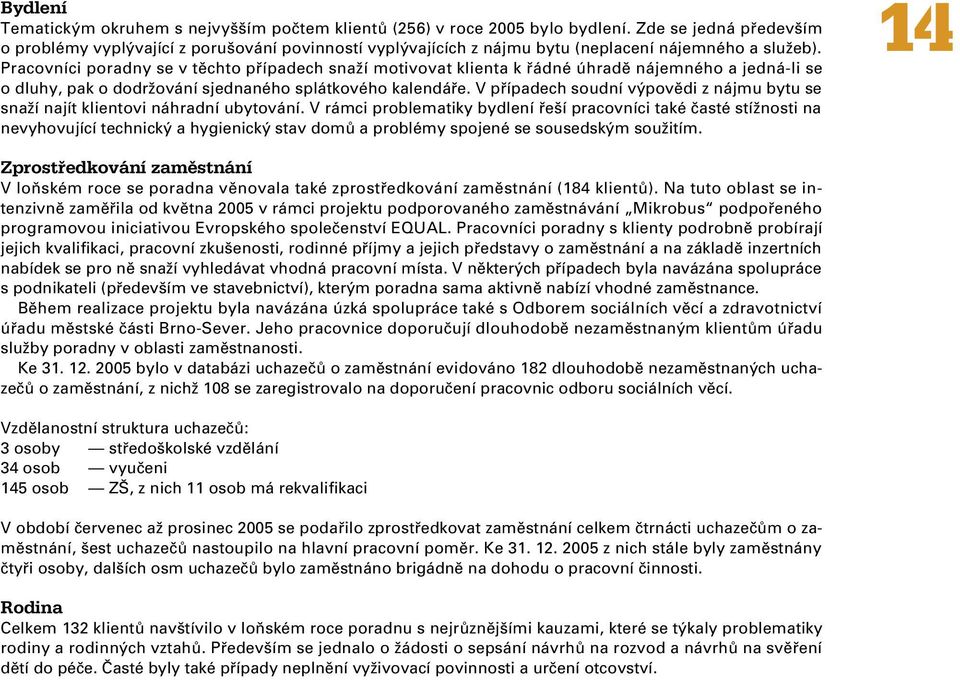 Pracovníci poradny se v těchto případech snaží motivovat klienta k řádné úhradě nájemného a jedná-li se o dluhy, pak o dodržování sjednaného splátkového kalendáře.