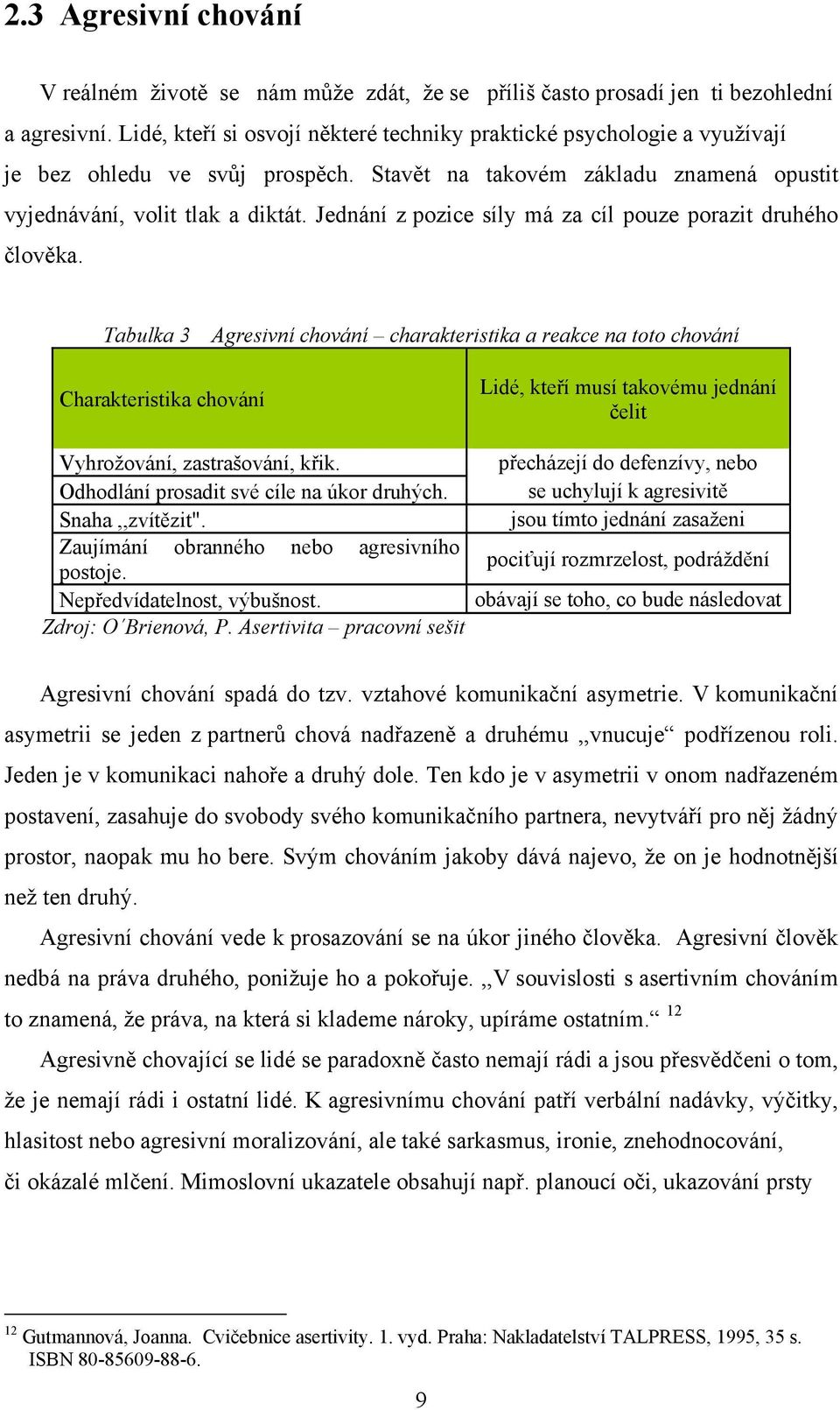 Jednání z pozice síly má za cíl pouze porazit druhého člověka. Tabulka 3 Agresivní chování charakteristika a reakce na toto chování Charakteristika chování Vyhrožování, zastrašování, křik.