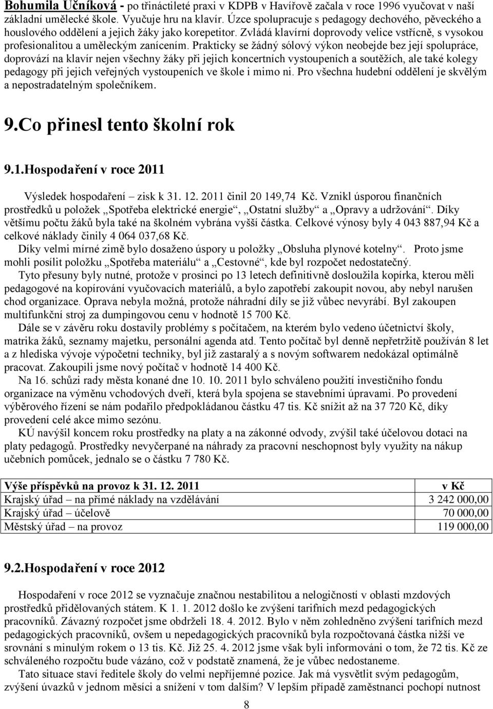 Prakticky se žádný sólový výkon neobejde bez její spolupráce, doprovází na klavír nejen všechny žáky při jejich koncertních vystoupeních a soutěžích, ale také kolegy pedagogy při jejich veřejných