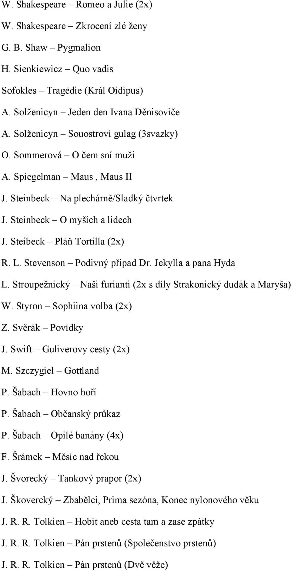 L. Stevenson Podivný případ Dr. Jekylla a pana Hyda L. Stroupeţnický Naši furianti (2x s díly Strakonický dudák a Maryša) W. Styron Sophiina volba (2x) Z. Svěrák Povídky J.