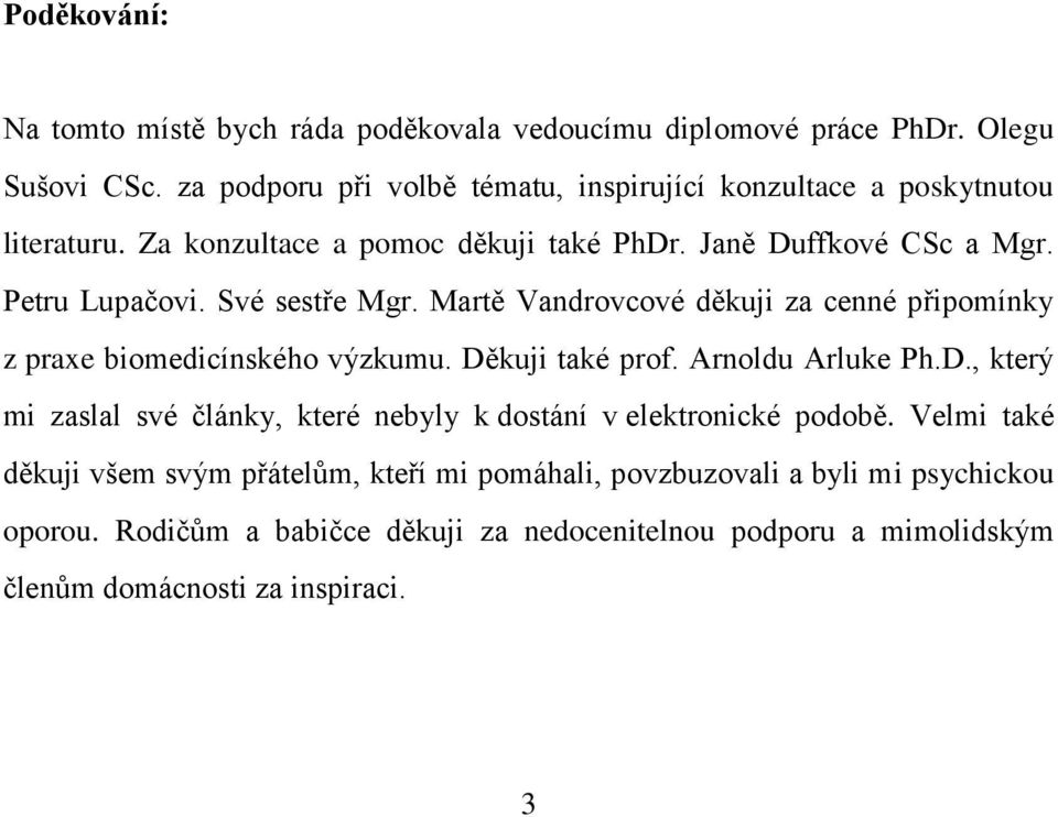 Své sestře Mgr. Martě Vandrovcové děkuji za cenné připomínky z praxe biomedicínského výzkumu. Dě