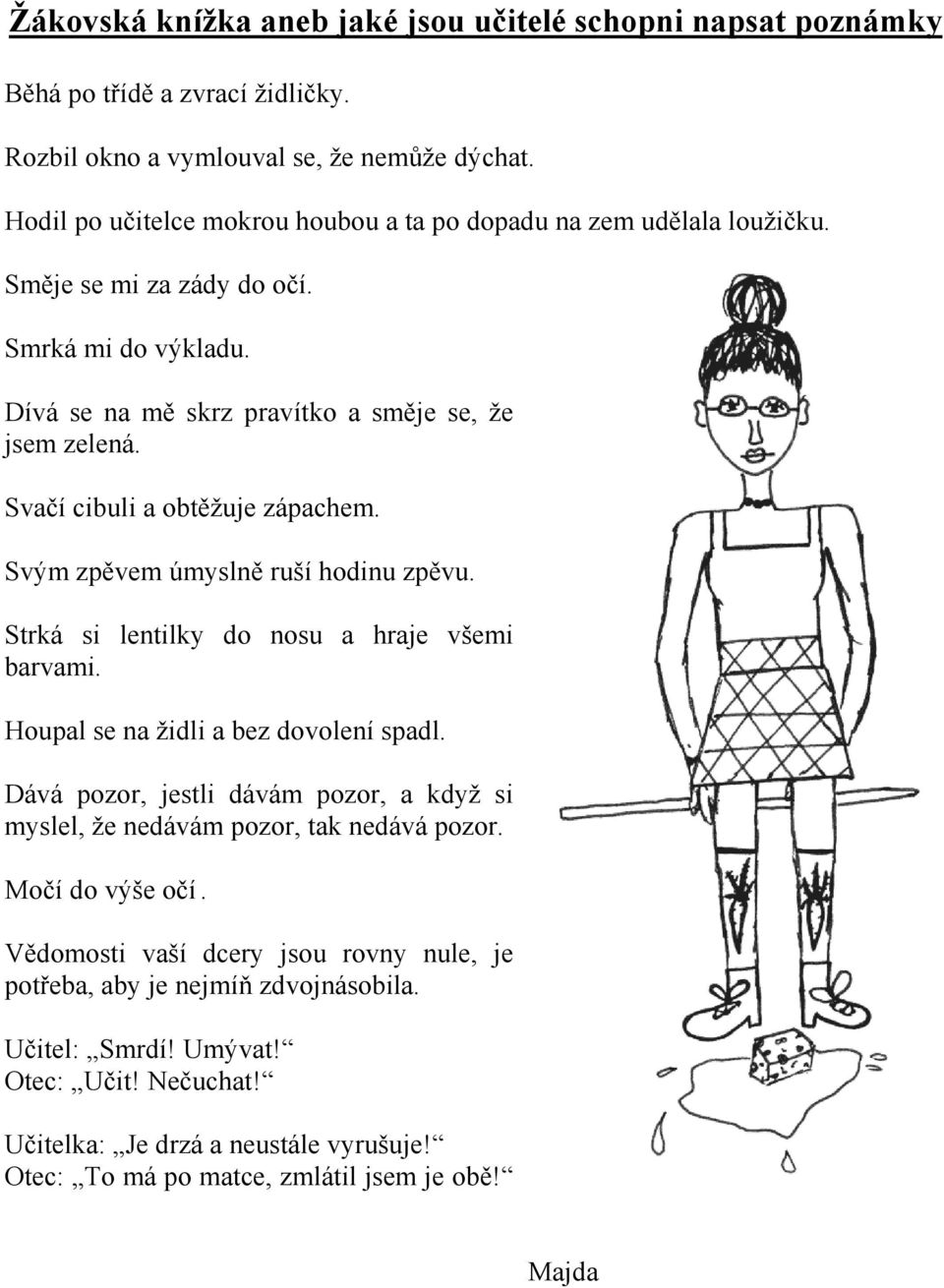 Svačí cibuli a obtěžuje zápachem. Svým zpěvem úmyslně ruší hodinu zpěvu. Strká si lentilky do nosu a hraje všemi barvami. Houpal se na židli a bez dovolení spadl.