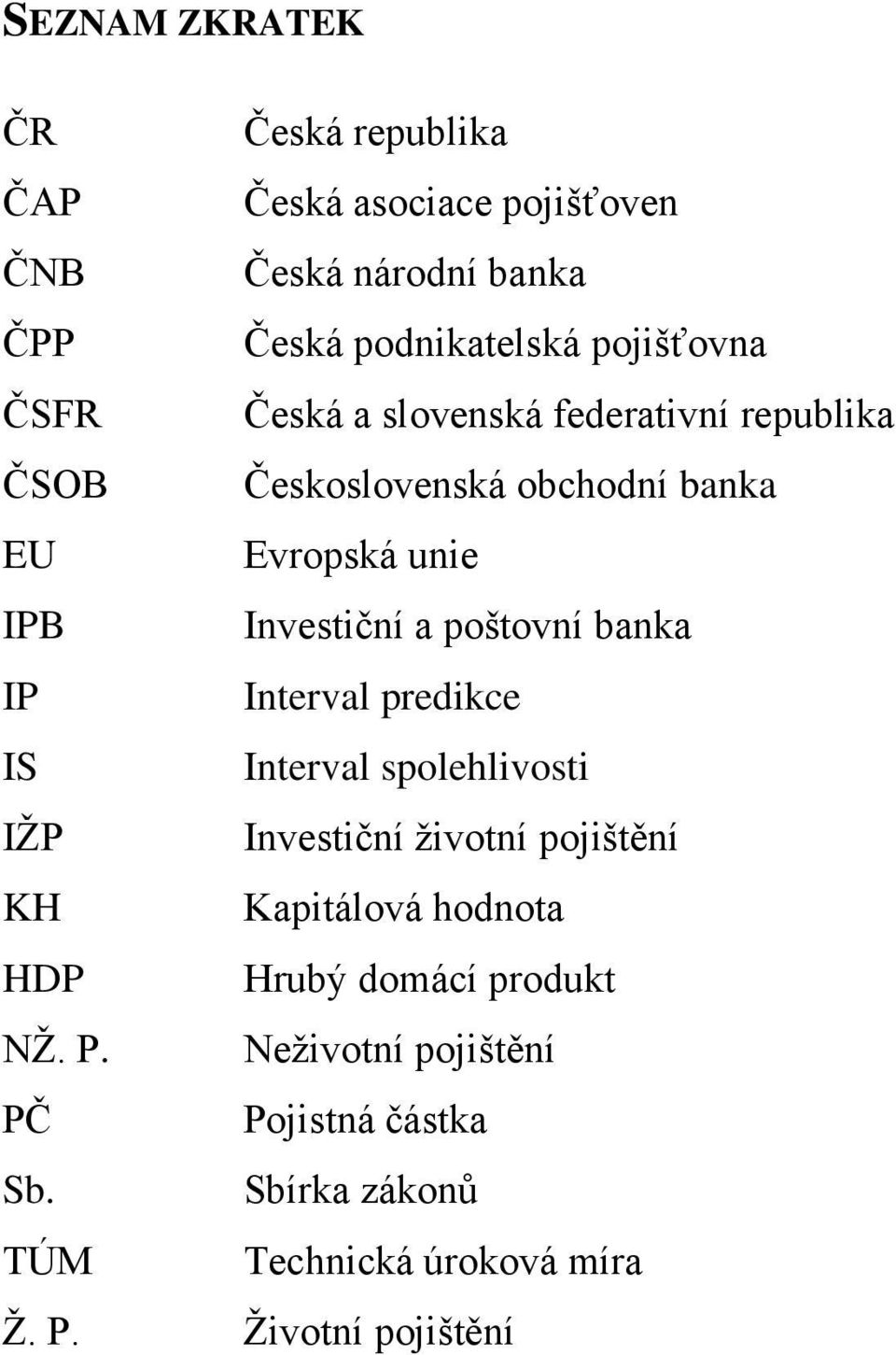 banka IP Interval predikce IS Interval spolehlivosti IŽP Investiční životní pojištění KH Kapitálová hodnota HDP Hrubý