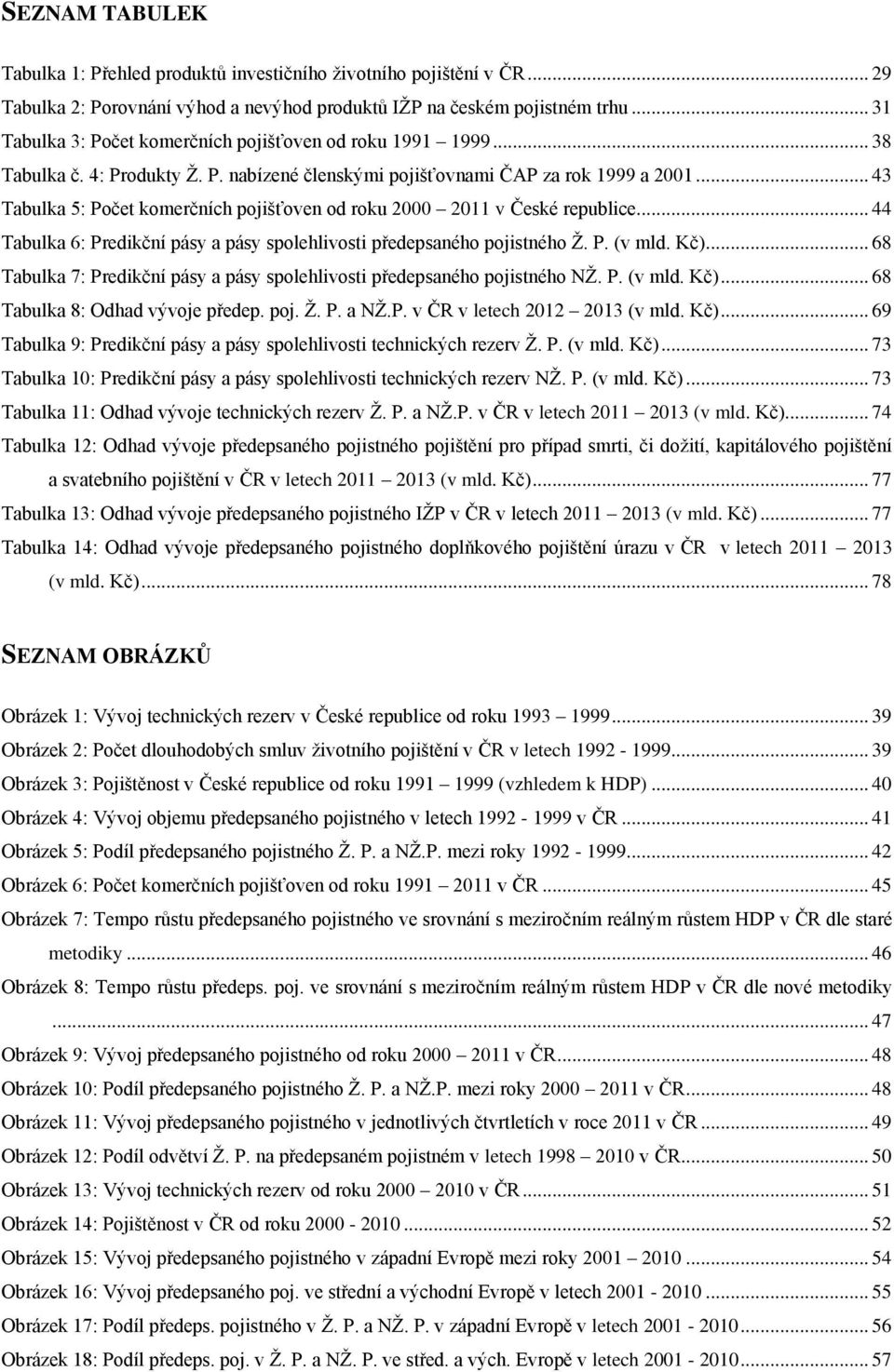 .. 43 Tabulka 5: Počet komerčních pojišťoven od roku 2000 2011 v České republice... 44 Tabulka 6: Predikční pásy a pásy spolehlivosti předepsaného pojistného Ž. P. (v mld. Kč).