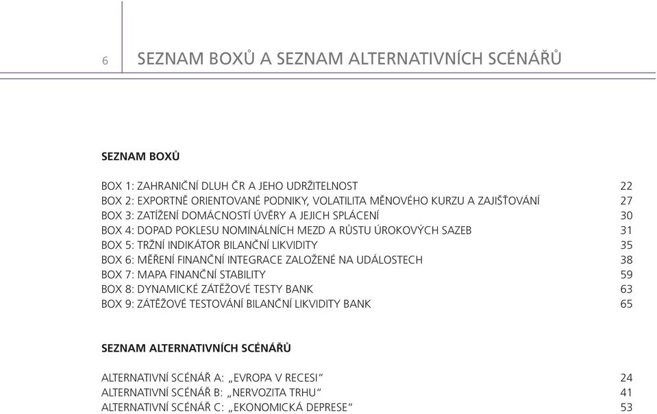 LIKVIDITY 35 BOX 6: MĚŘENÍ FINANČNÍ INTEGRACE ZALOŽENÉ NA UDÁLOSTECH 38 BOX 7: MAPA FINANČNÍ STABILITY 59 BOX 8: DYNAMICKÉ ZÁTĚŽOVÉ TESTY BANK 63 BOX 9: ZÁTĚŽOVÉ TESTOVÁNÍ