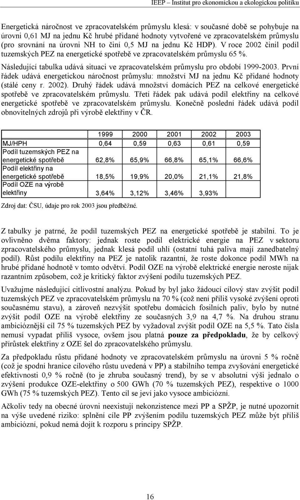 Následující tabulka udává situaci ve zpracovatelském průmyslu pro období 1999-2003. První řádek udává energetickou náročnost průmyslu: množství MJ na jednu Kč přidané hodnoty (stálé ceny r. 2002).