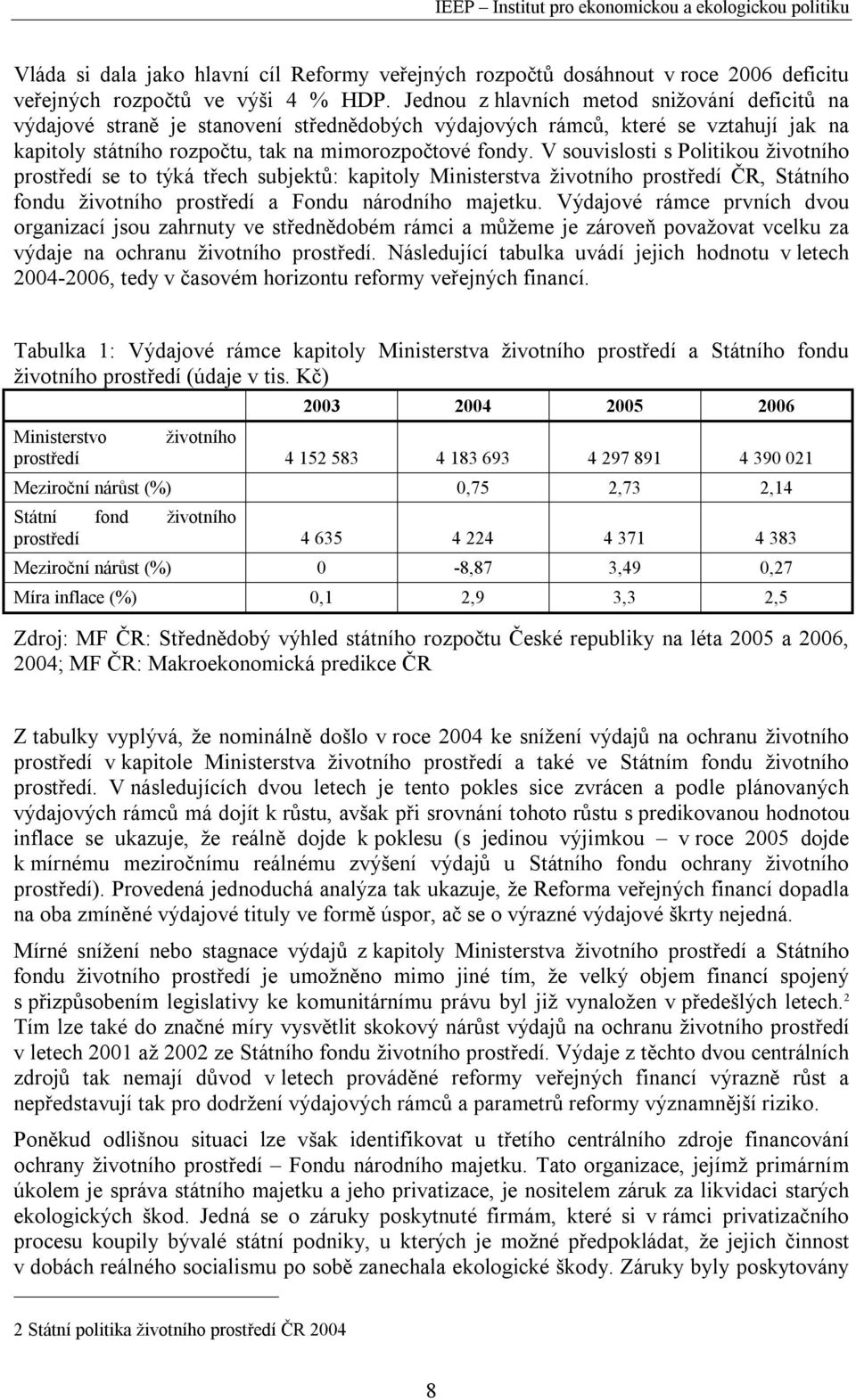 V souvislosti s Politikou životního prostředí se to týká třech subjektů: kapitoly Ministerstva životního prostředí ČR, Státního fondu životního prostředí a Fondu národního majetku.