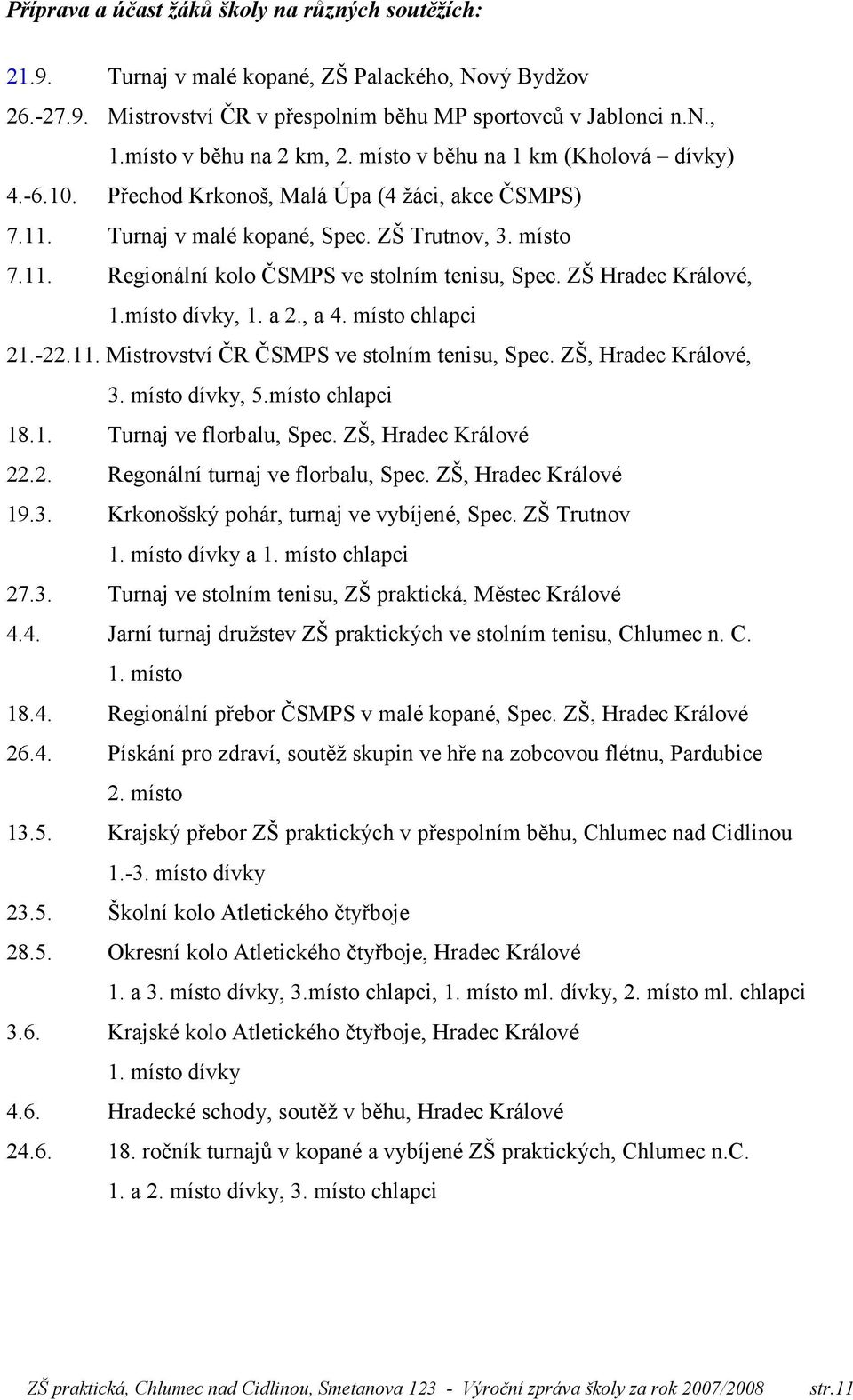 ZŠ Hradec Králové, 1.místo dívky, 1. a 2., a 4. místo chlapci 21.-22.11. Mistrovství ČR ČSMPS ve stolním tenisu, Spec. ZŠ, Hradec Králové, 3. místo dívky, 5.místo chlapci 18.1. Turnaj ve florbalu, Spec.