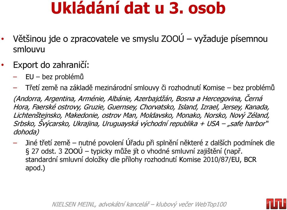 (Andorra, Argentina, Arménie, Albánie, Azerbajdžán, Bosna a Hercegovina, Černá Hora, Faerské ostrovy, Gruzie, Guernsey, Chorvatsko, Island, Izrael, Jersey, Kanada, Lichtenštejnsko,