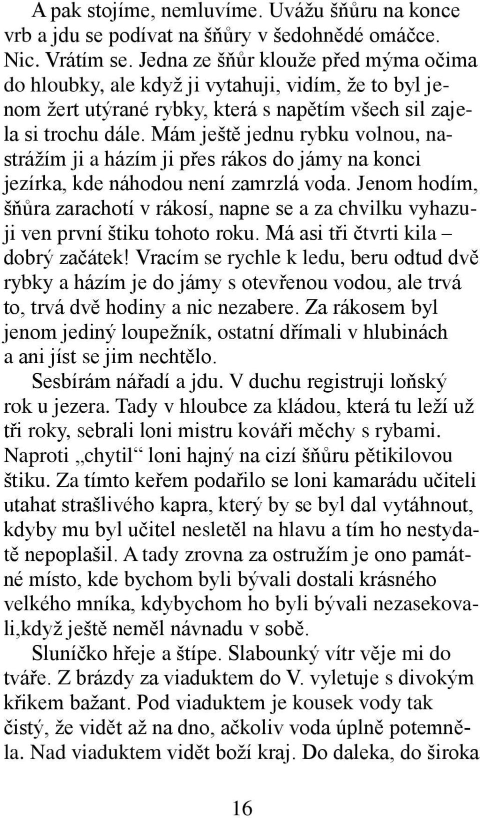 Mám ještě jednu rybku volnou, nastrážím ji a házím ji přes rákos do jámy na konci jezírka, kde náhodou není zamrzlá voda.