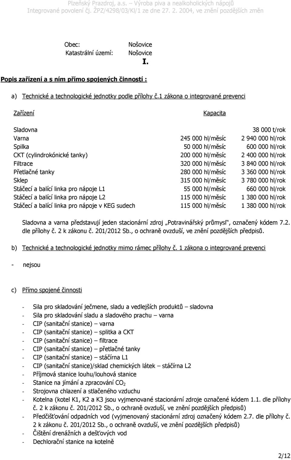 400 000 hl/rok Filtrace 320 000 hl/měsíc 3 840 000 hl/rok Přetlačné tanky 280 000 hl/měsíc 3 360 000 hl/rok Sklep 315 000 hl/měsíc 3 780 000 hl/rok Stáčecí a balící linka pro nápoje L1 55 000