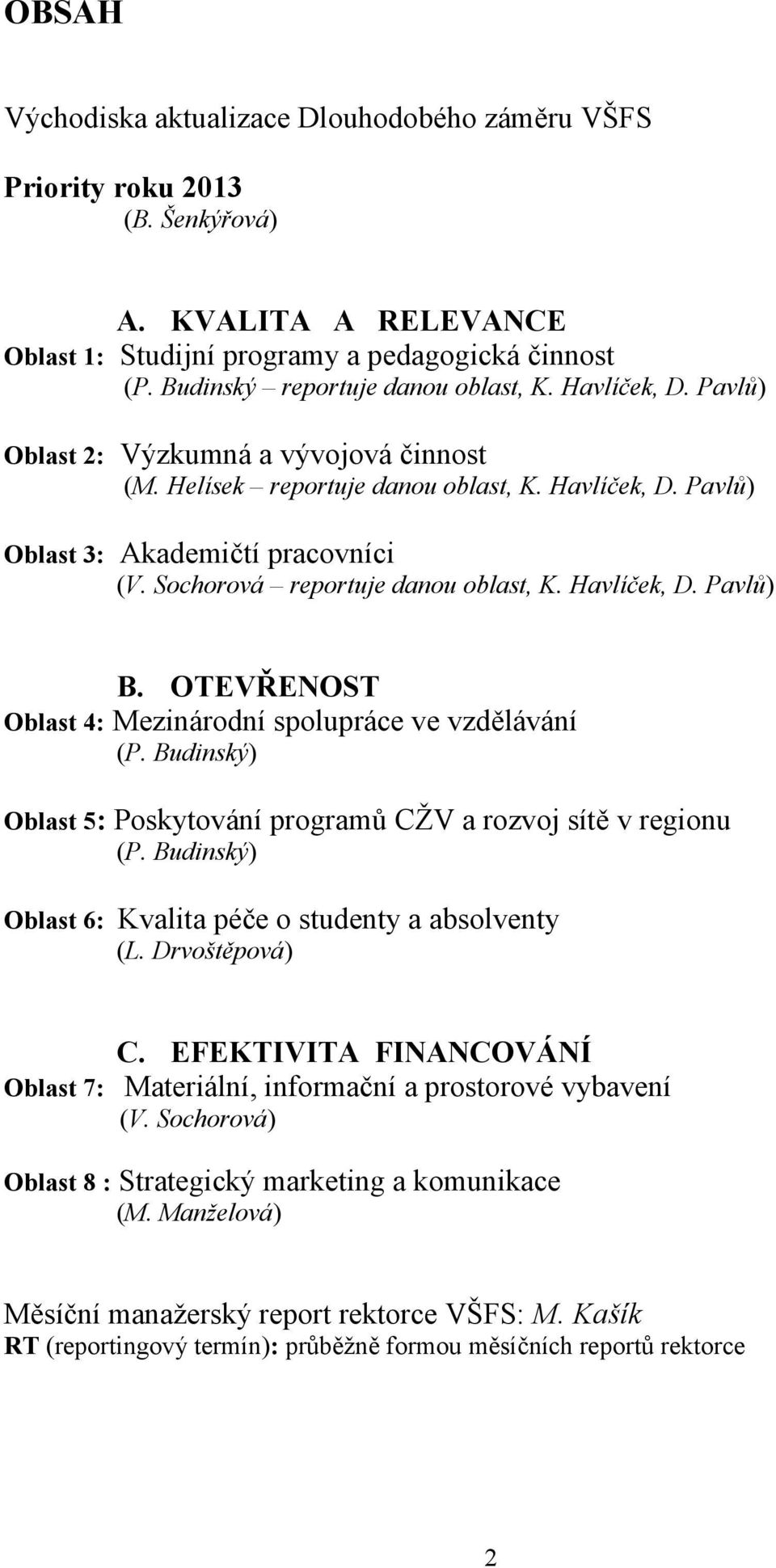 Havlíček, D. Pavlů) B. OTEVŘENOST Oblast 4: Mezinárodní spolupráce ve vzdělávání (P. Budinský) Oblast 5: Poskytování programů CŽV a rozvoj sítě v regionu (P.