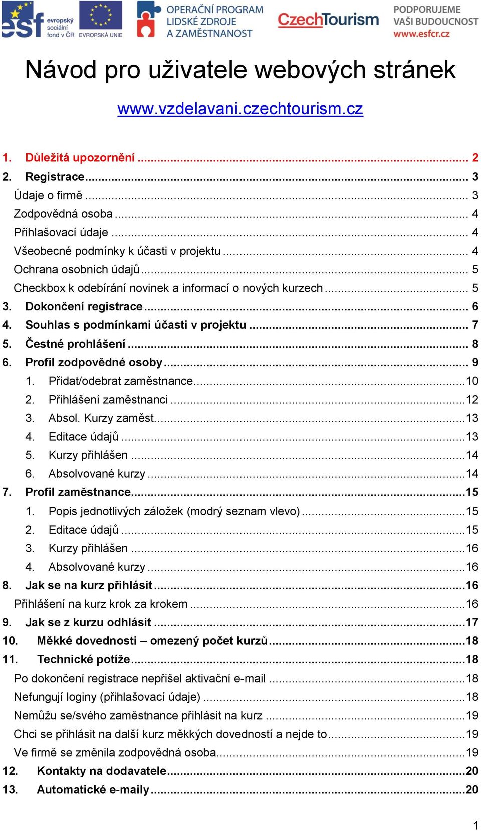 Souhlas s podmínkami účasti v projektu... 7 5. Čestné prohlášení... 8 6. Profil zodpovědné osoby... 9 1. Přidat/odebrat zaměstnance...10 2. Přihlášení zaměstnanci...12 3. Absol. Kurzy zaměst....13 4.