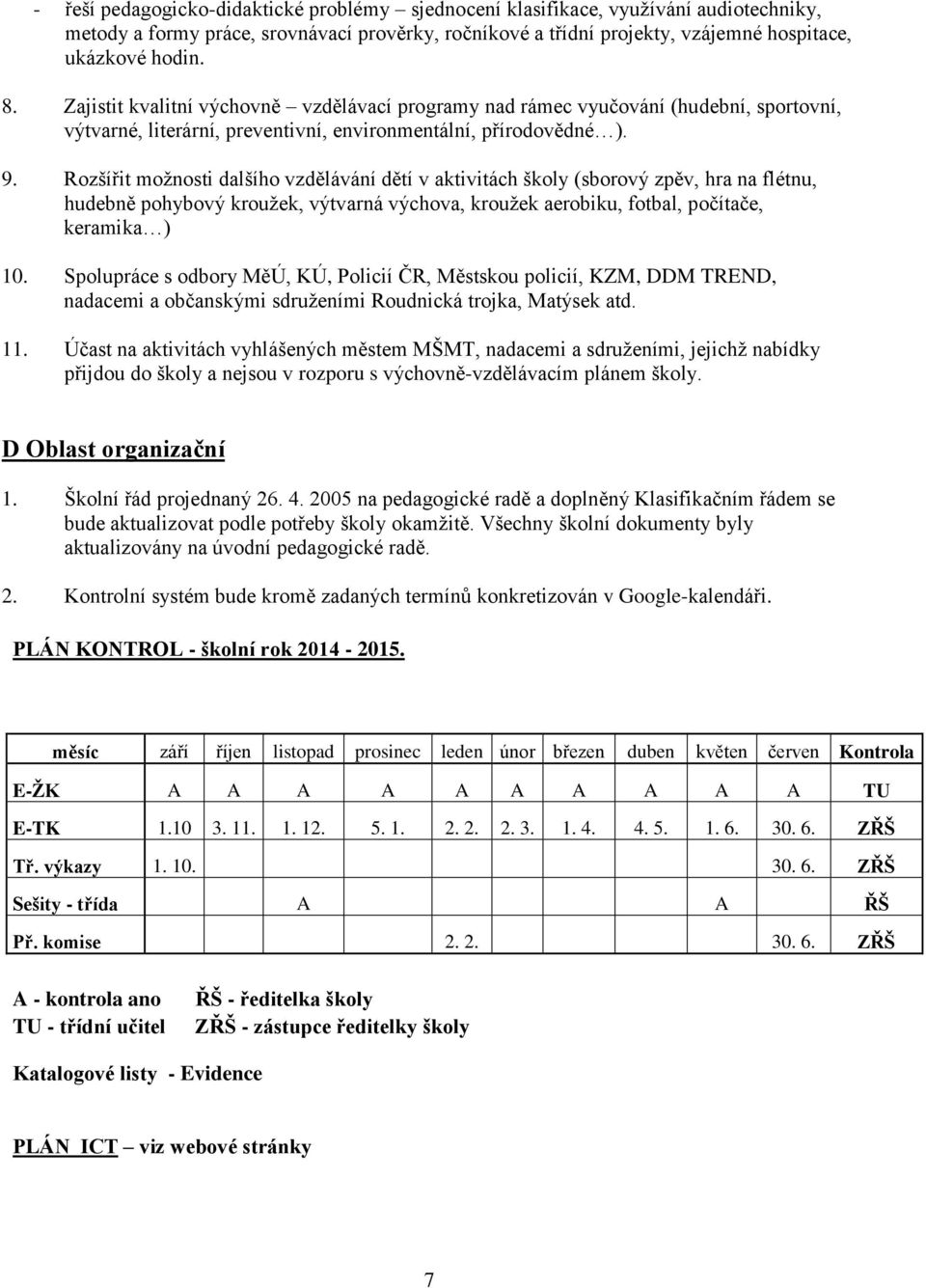 Rozšířit možnosti dalšího vzdělávání dětí v aktivitách školy (sborový zpěv, hra na flétnu, hudebně pohybový kroužek, výtvarná výchova, kroužek aerobiku, fotbal, počítače, keramika ) 10.