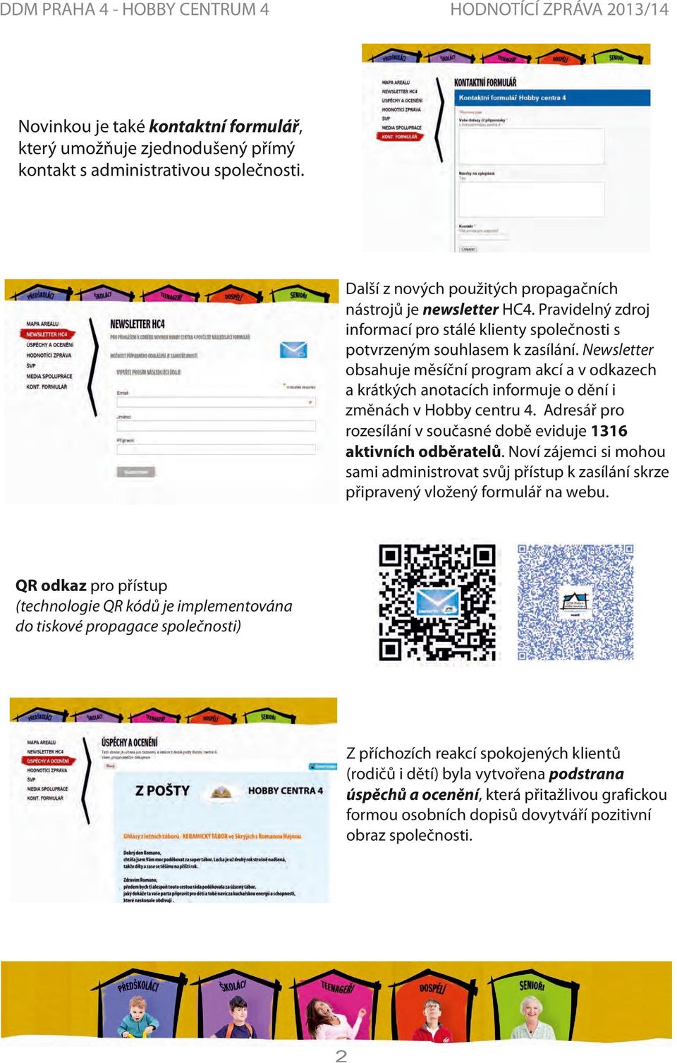 Newsletter obsahuje měsíční program akcí a v odkazech a krátkých anotacích informuje o dění i změnách v Hobby centru 4. Adresář pro rozesílání v současné době eviduje 1316 aktivních odběratelů.