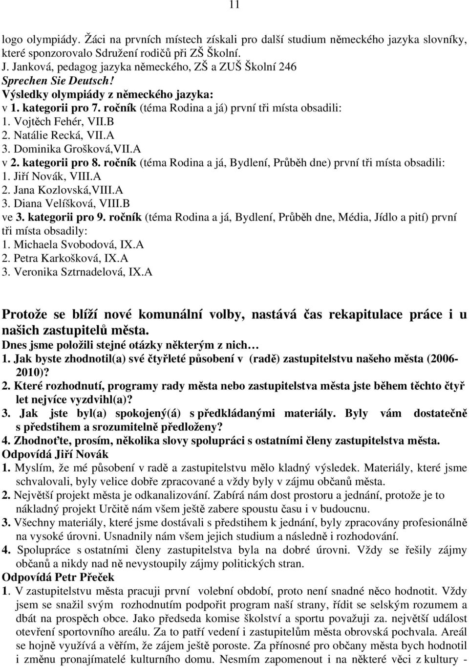 Vojtěch Fehér, VII.B 2. Natálie Recká, VII.A 3. Dominika Grošková,VII.A v 2. kategorii pro 8. ročník (téma Rodina a já, Bydlení, Průběh dne) první tři místa obsadili: 1. Jiří Novák, VIII.A 2.