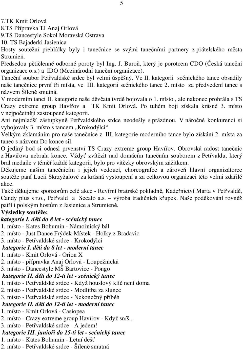 s.) a IDO (Mezinárodní taneční organizace). Taneční soubor Petřvaldské srdce byl velmi úspěšný. Ve II. kategorii scénického tance obsadily naše tanečnice první tři místa, ve III.