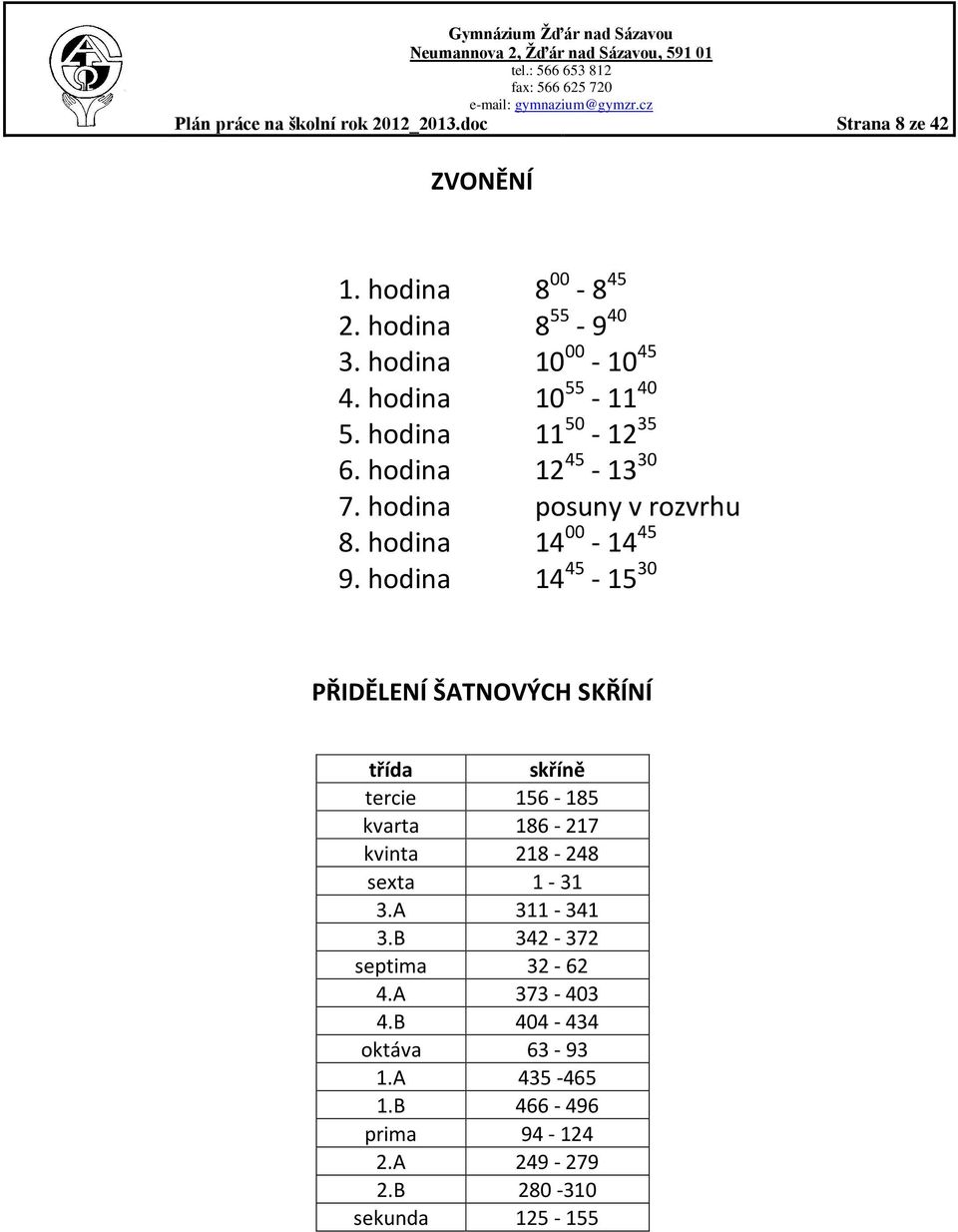 hodina 14 45-15 30 PŘIDĚLENÍ ŠATNOVÝCH SKŘÍNÍ třída skříně tercie 156-185 kvarta 186-217 kvinta 218-248 sexta 1-31 3.