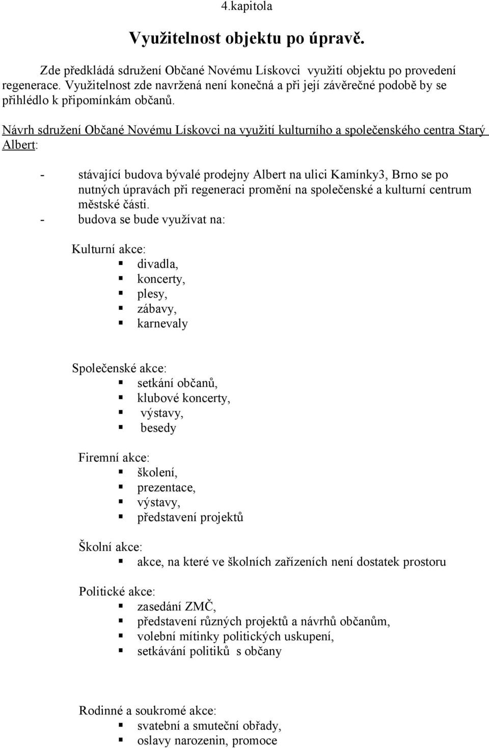 Návrh sdružení Občané Novému Lískovci na využití kulturního a společenského centra Starý Albert: stávající budova bývalé prodejny Albert na ulici Kamínky3, Brno se po nutných úpravách při regeneraci