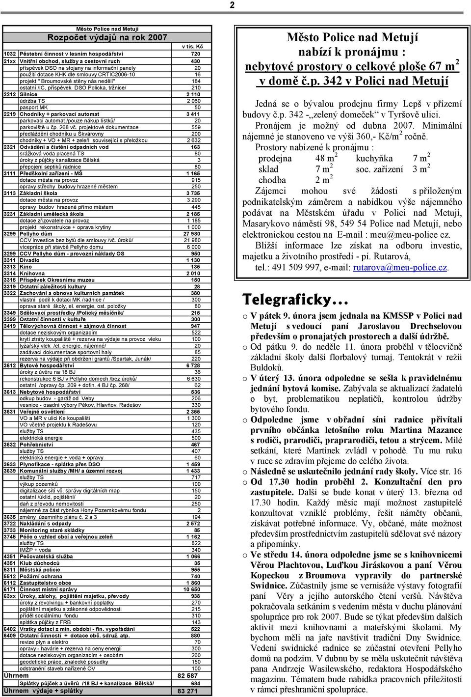 projekt " Broumovské stěny nás nedělí" 184 ostatní /IC, příspěvek DSO Policka, tržnice/ 210 2212 Silnice 2 110 údržba TS 2 060 pasport MK 50 2219 Chodníky + parkovací automat 3 411 parkovací automat