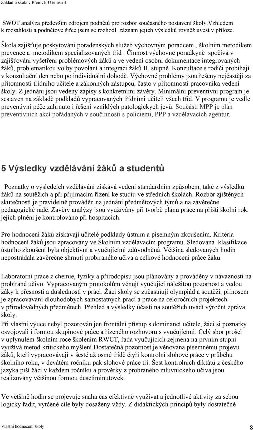 Činnost výchovné poradkyně spočívá v zajišťování vyšetření problémových žáků a ve vedení osobní dokumentace integrovaných žáků, problematikou volby povolání a integrací žáků II. stupně.