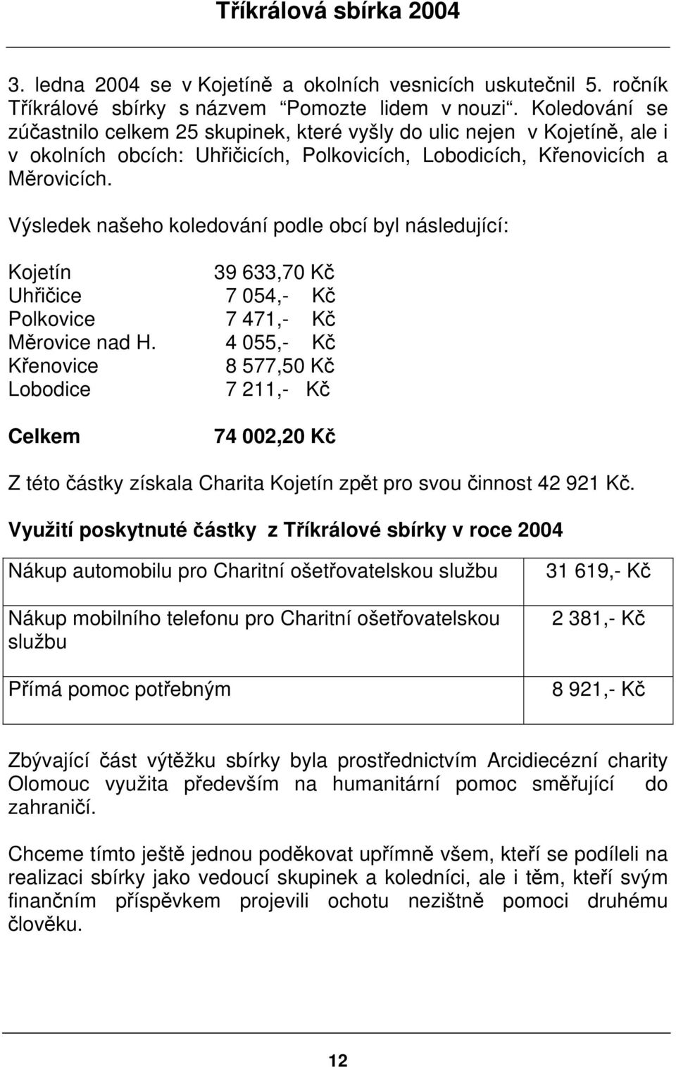 Výsledek našeho koledování podle obcí byl následující: Kojetín 39 633,70 Kč Uhřičice 7 054,- Kč Polkovice 7 471,- Kč Měrovice nad H.