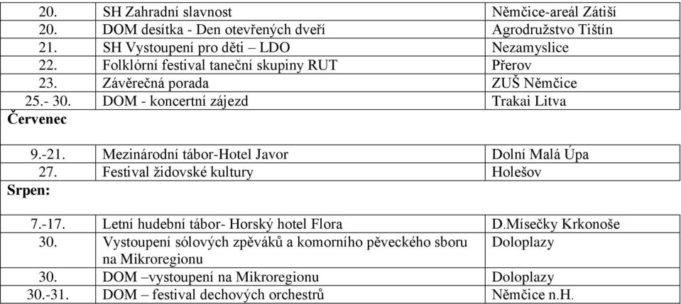 Mezinárodní tábor-hotel Javor Dolní Malá Úpa 27. Festival židovské kultury Holešov Srpen: 7.-17. Letní hudební tábor- Horský hotel Flora D.