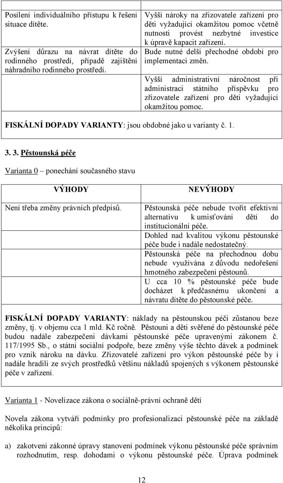 Vyšší administrativní náročnost při administraci státního příspěvku pro zřizovatele zařízení pro děti vyžadující okamžitou pomoc. FISKÁLNÍ DOPADY VARIANTY: jsou obdobné jako u varianty č. 1. 3.