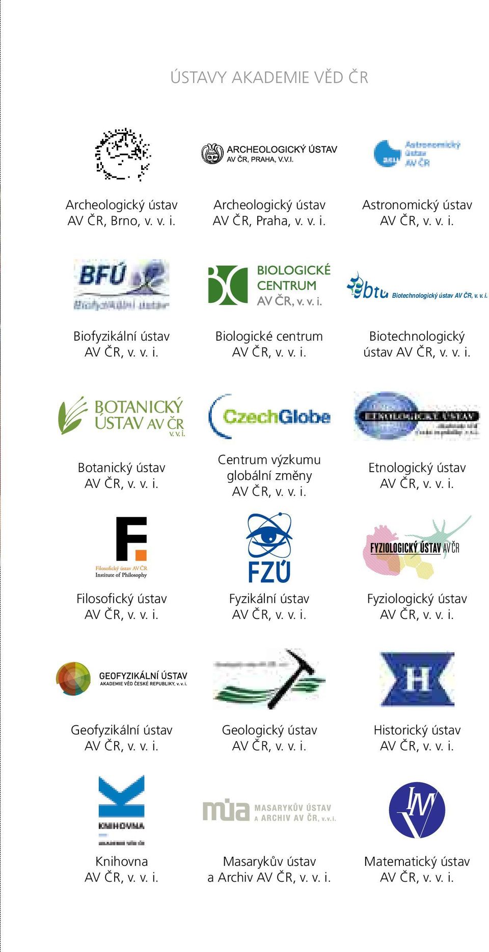 v. i. Etnologický ústav AV ČR, v. v. i. Filosofický ústav AV ČR, v. v. i. Fyzikální ústav AV ČR, v. v. i. Fyziologický ústav AV ČR, v. v. i. Geofyzikální ústav AV ČR, v. v. i. Geologický ústav AV ČR, v.