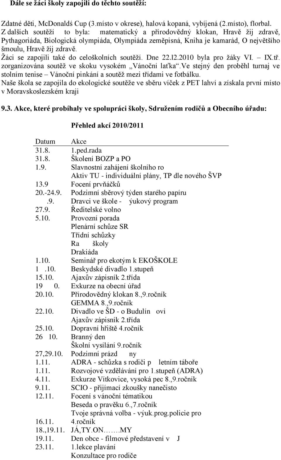 Ţáci se zapojili také do celoškolních soutěţí. Dne 22.l2.2010 byla pro ţáky VI. IX.tř. zorganizována soutěţ ve skoku vysokém Vánoční laťka.