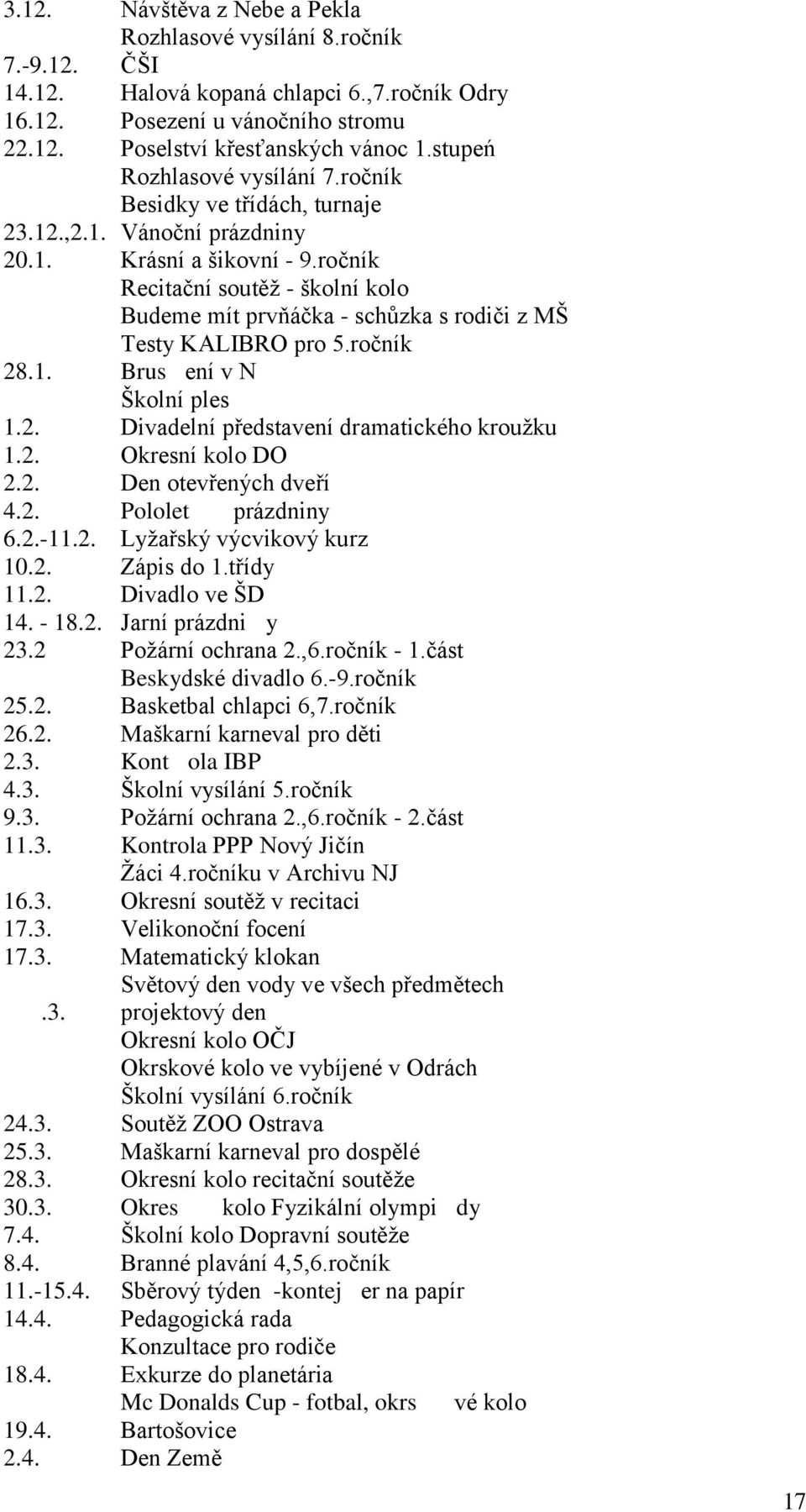 ročník Recitační soutěţ - školní kolo Budeme mít prvňáčka - schůzka s rodiči z MŠ Testy KALIBRO pro 5.ročník 28.1. Brusení v N Školní ples 1.2. Divadelní představení dramatického krouţku 1.2. Okresní kolo DO 2.