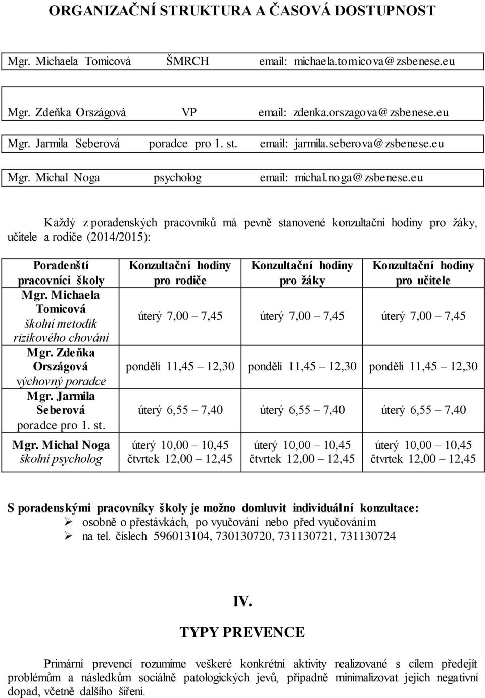 eu Každý z poradenských pracovníků má pevně stanovené konzultační hodiny pro žáky, učitele a rodiče (2014/2015): Poradenští pracovníci školy Mgr.